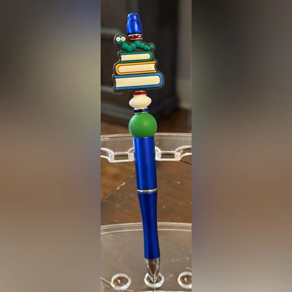 Handcrafted Bookworm Librarian Teacher Rhinestone Beaded Pen Stationery Gift